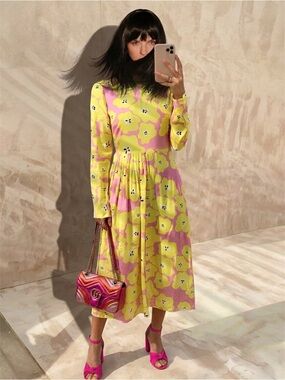 Never Fully Dressed Floral Prink & Yellow Fruit Motif Long Sleeve Midi Dress
